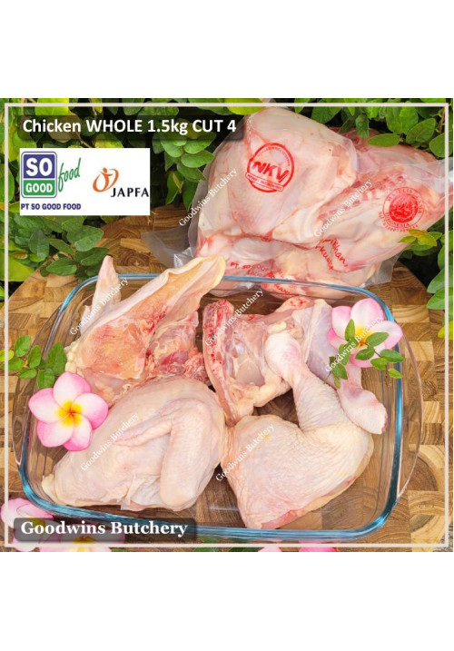 Chicken ayam broiler SoGood frozen WHOLE utuh 1/4 QUARTERED So Good Food size MEDIUM +/- 1 kg/pc (price/kg)